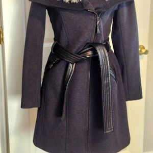 Via SPIGA COAT Black Coat With Leopard Collar Size 2